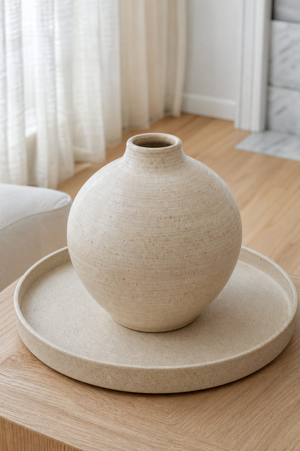 Beige bauchige Keramikvase nahaufnahme