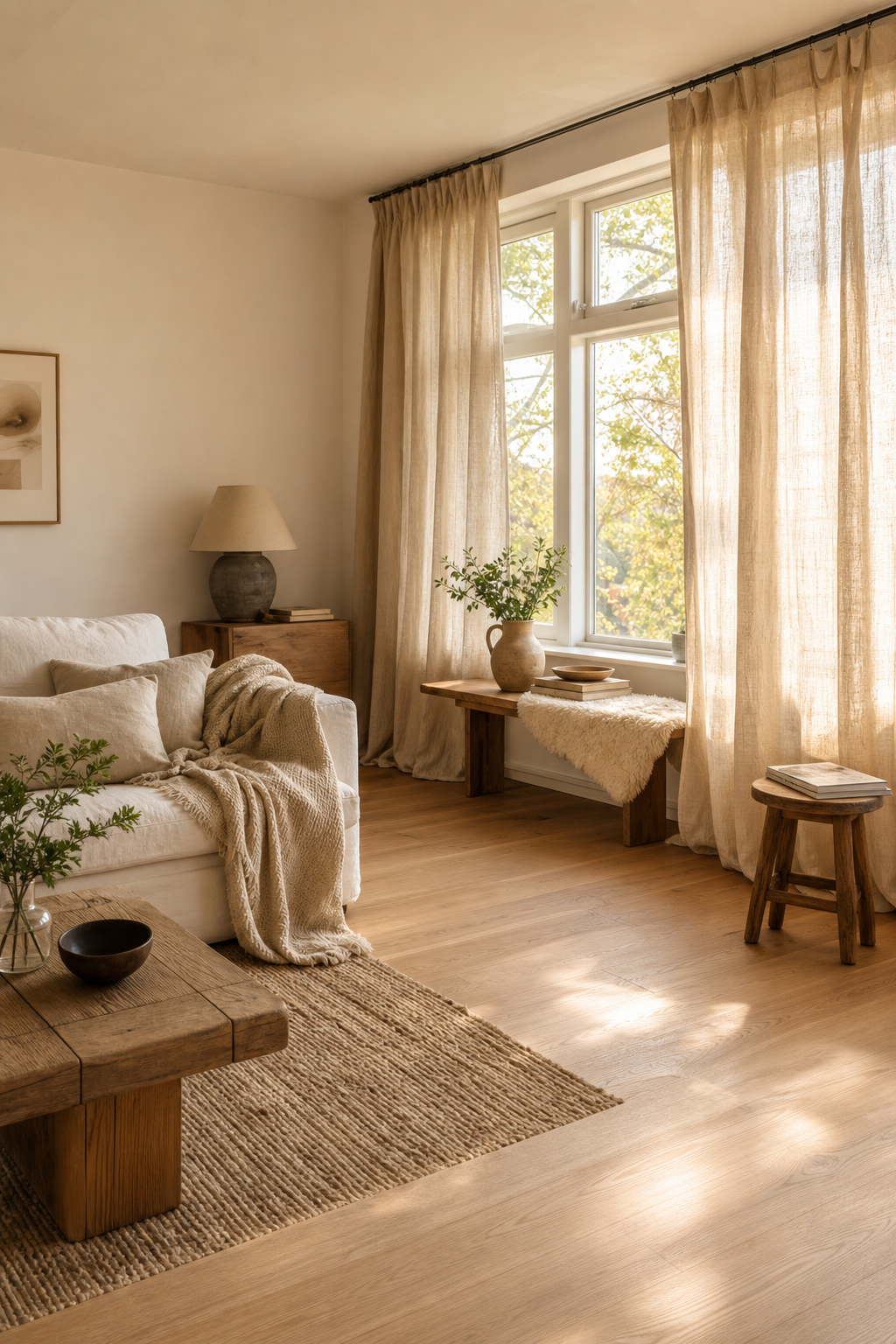 Beige Vorhänge neben hellem Holzmöbel