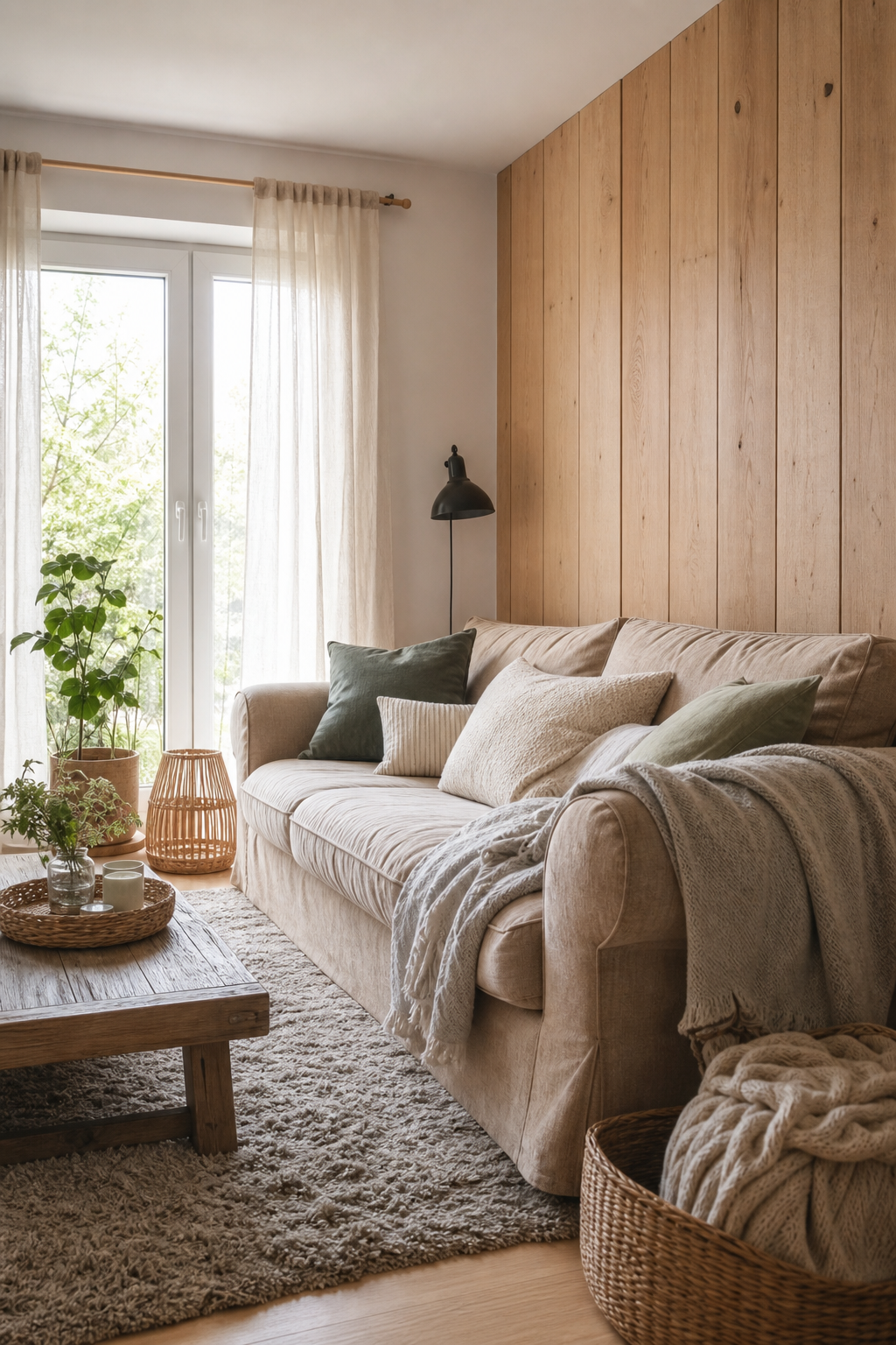 Beiges Sofa vor Holzvertäfelung, warme Stimmung