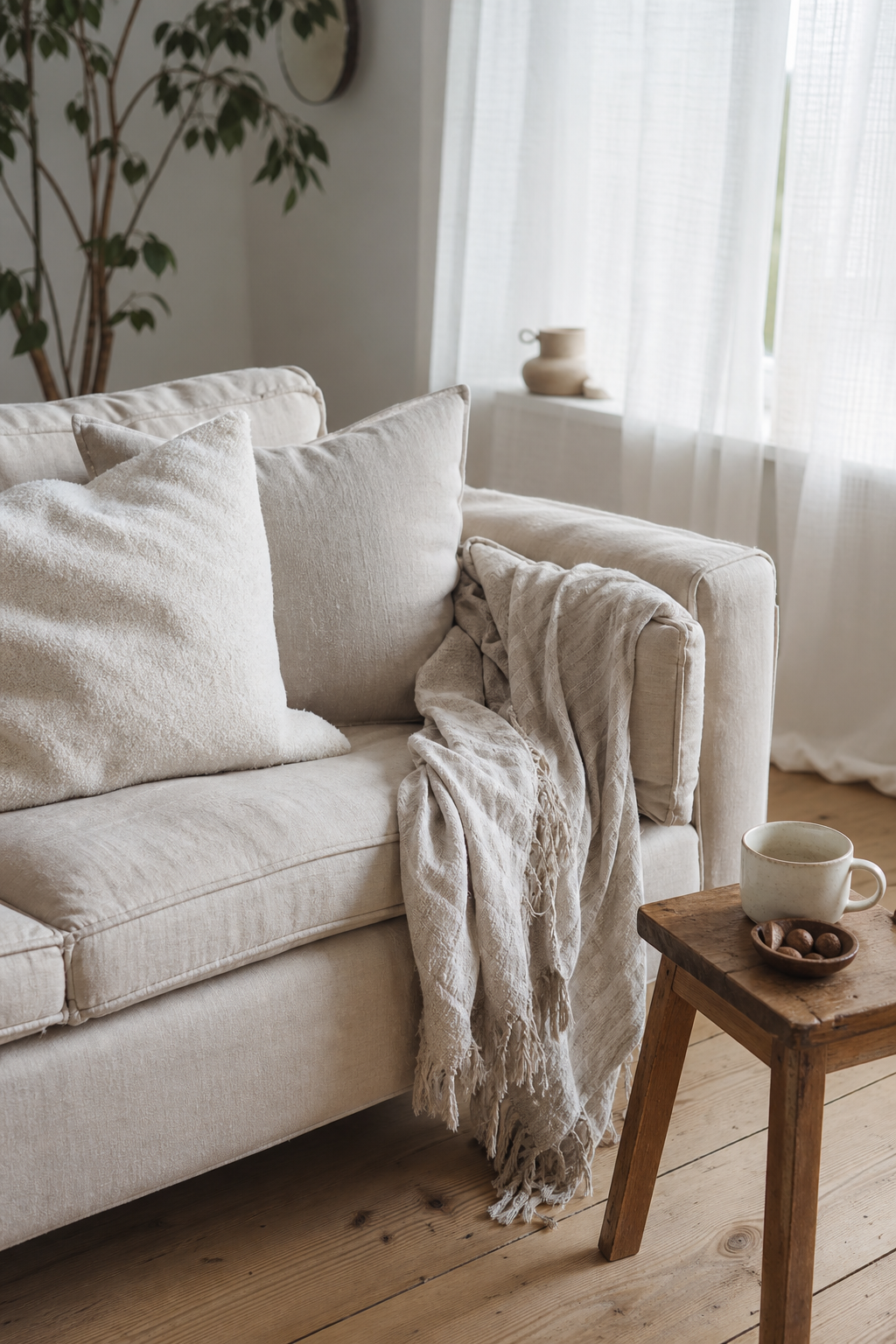 Beiges Sofa mit hellen Kissen Nahaufnahme