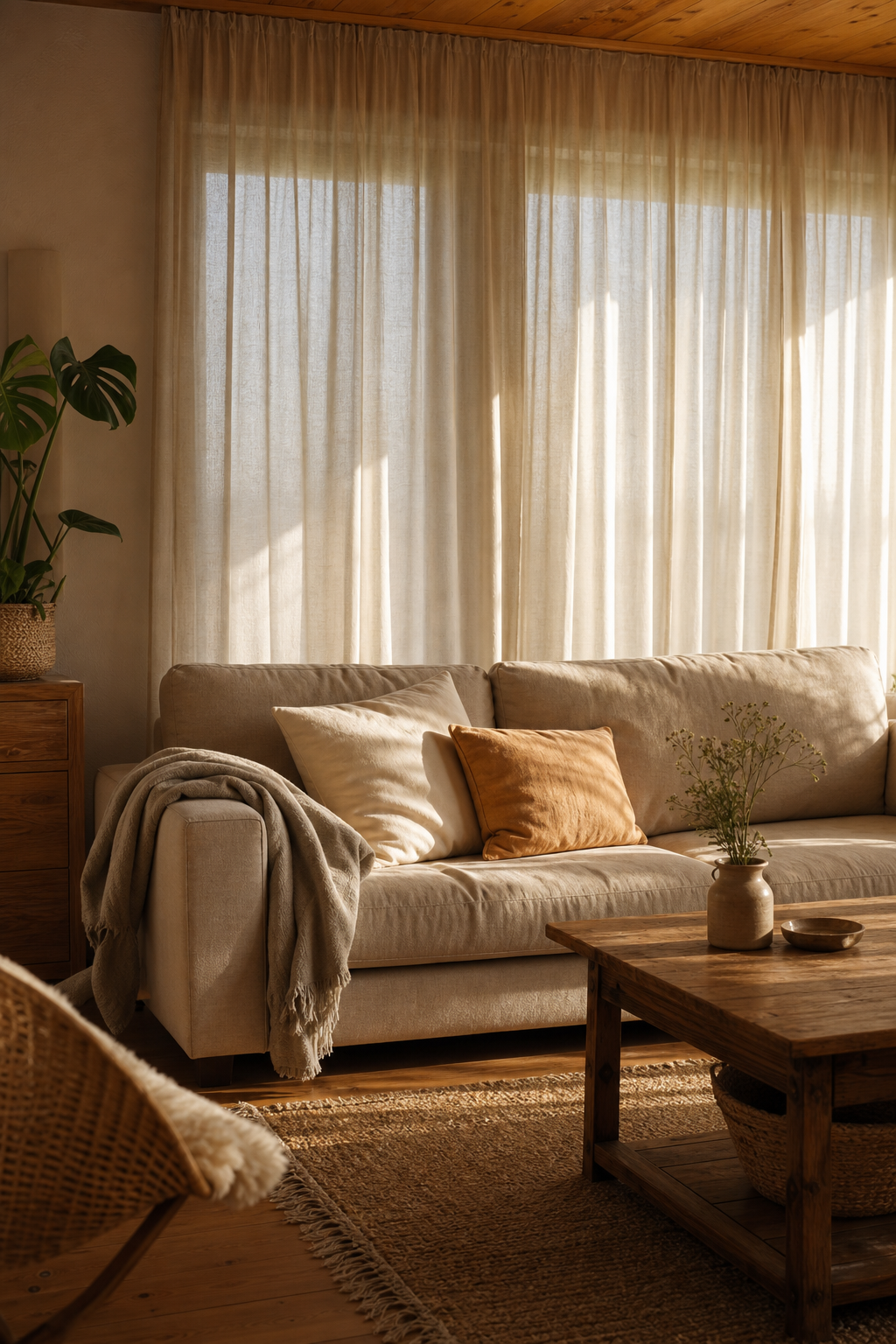 Beiges Sofa vor leinenen Vorhängen