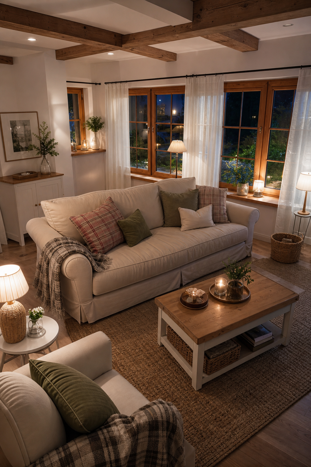 Beiges Sofa vor Holzrahmenfenstern