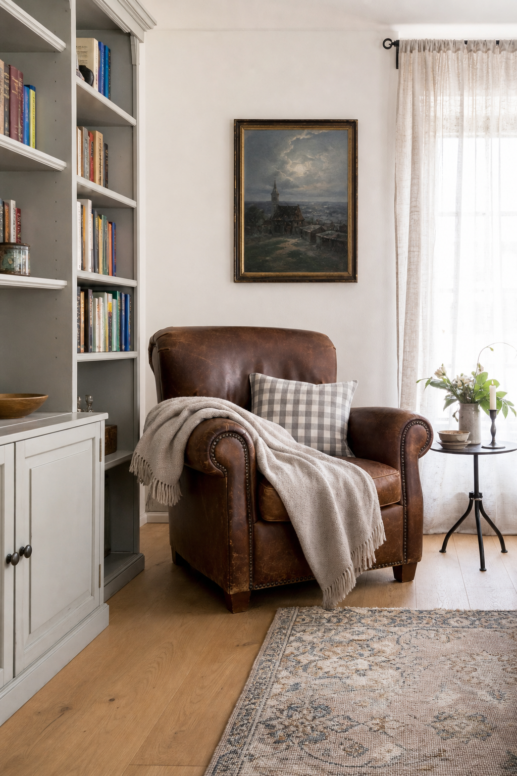 Beiges Wohnzimmer mit geschichtetem Naturteppich