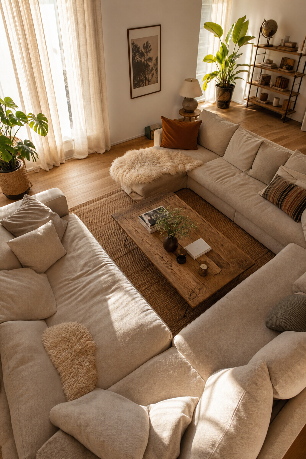 Beiges U-sofa mit großem Teppich