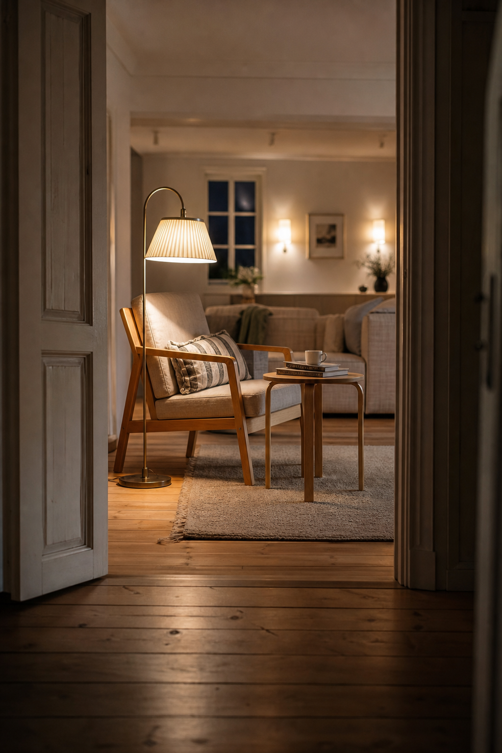 Bodenlampe mit dezenten Akzentlichtern im Hintergrund