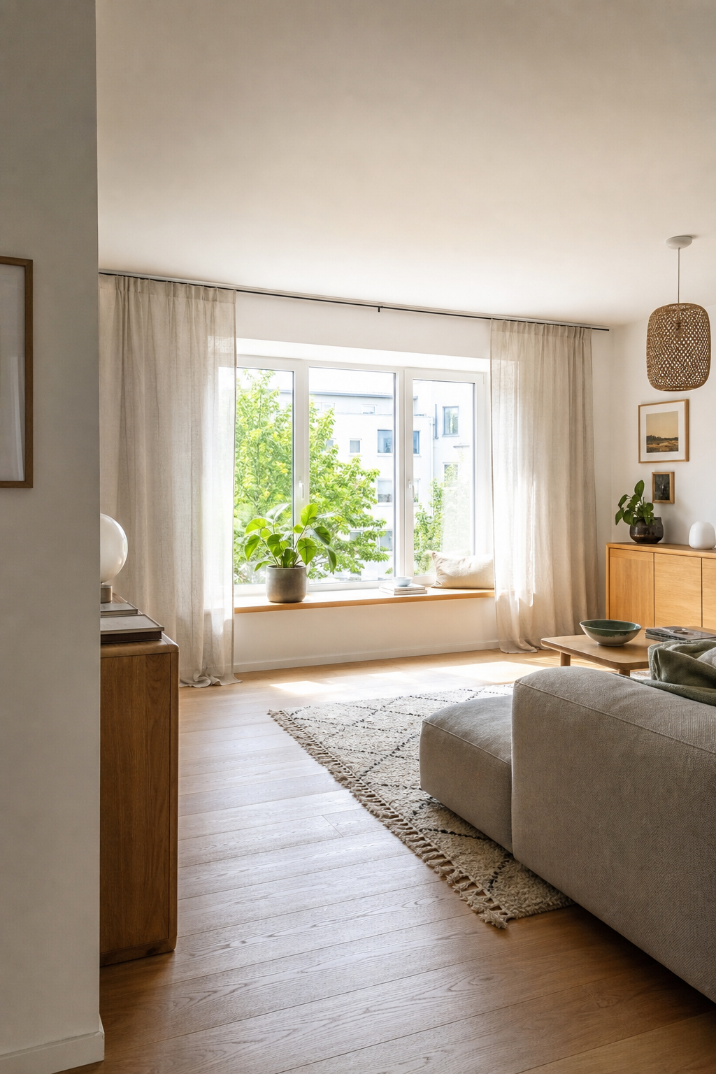 bodentiefe fenster mit leinenvorhängen und pflanze