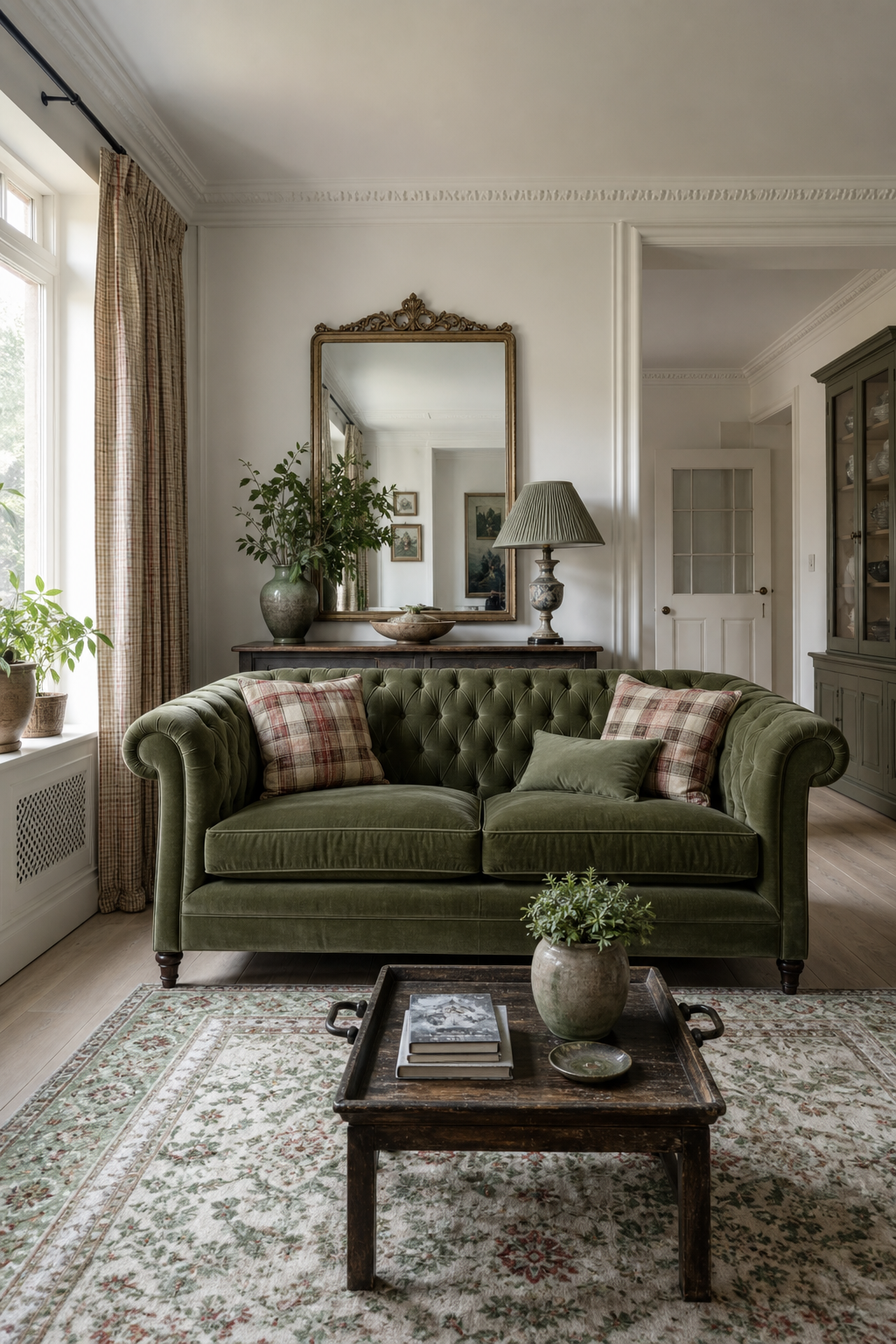 Boho landhaus wohnzimmer mit grünem sofa
