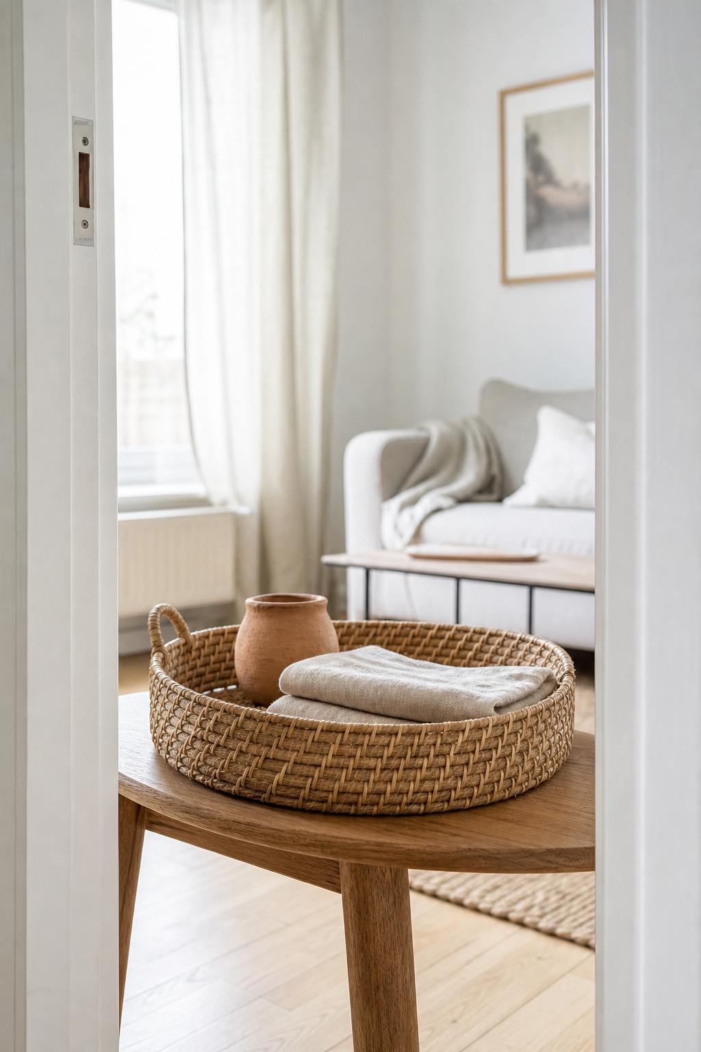 Rattan tablett mit Tonvase und Textil