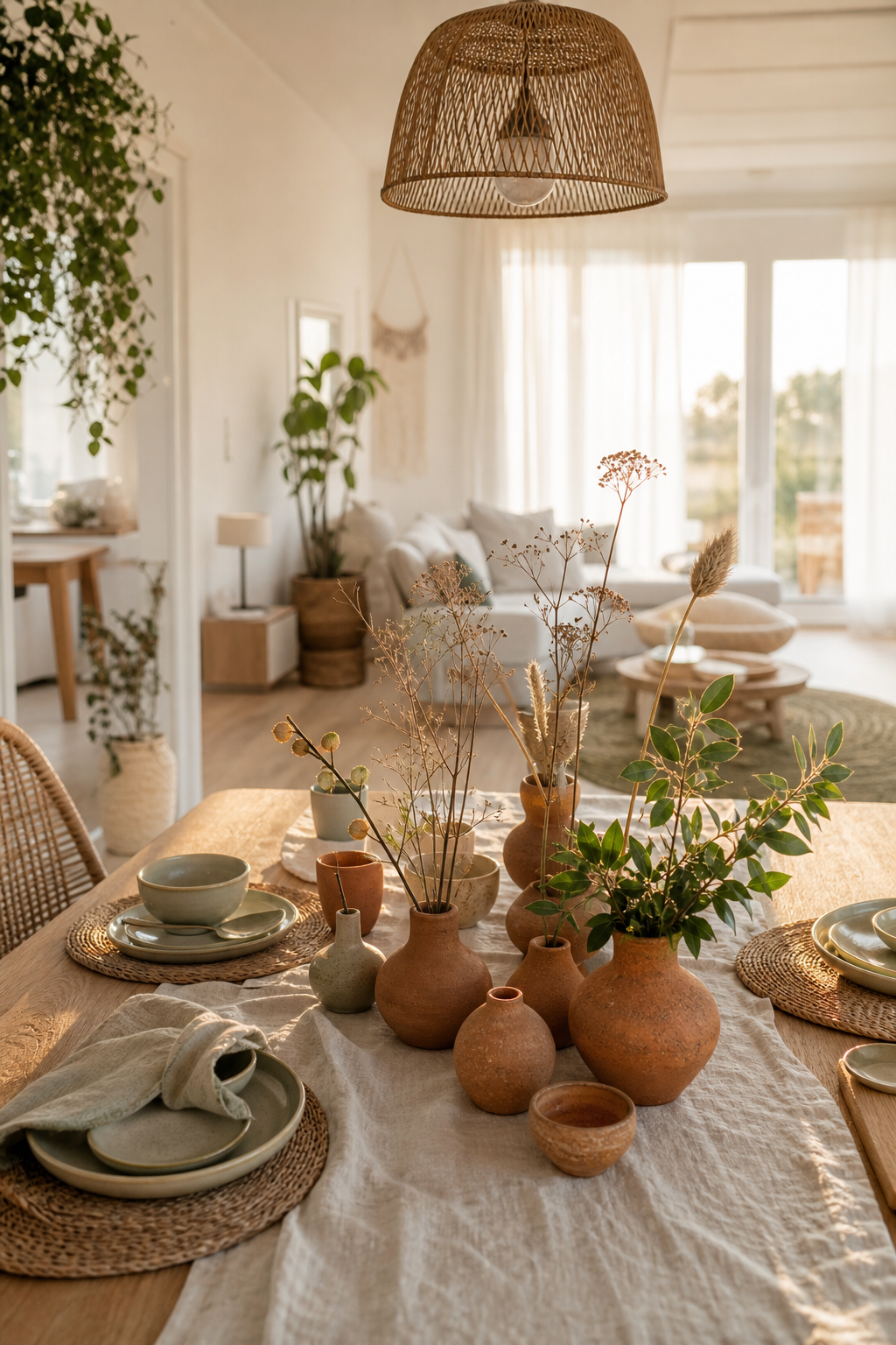 Boho-Tisch mit naturvasen und getrockneten blumen
