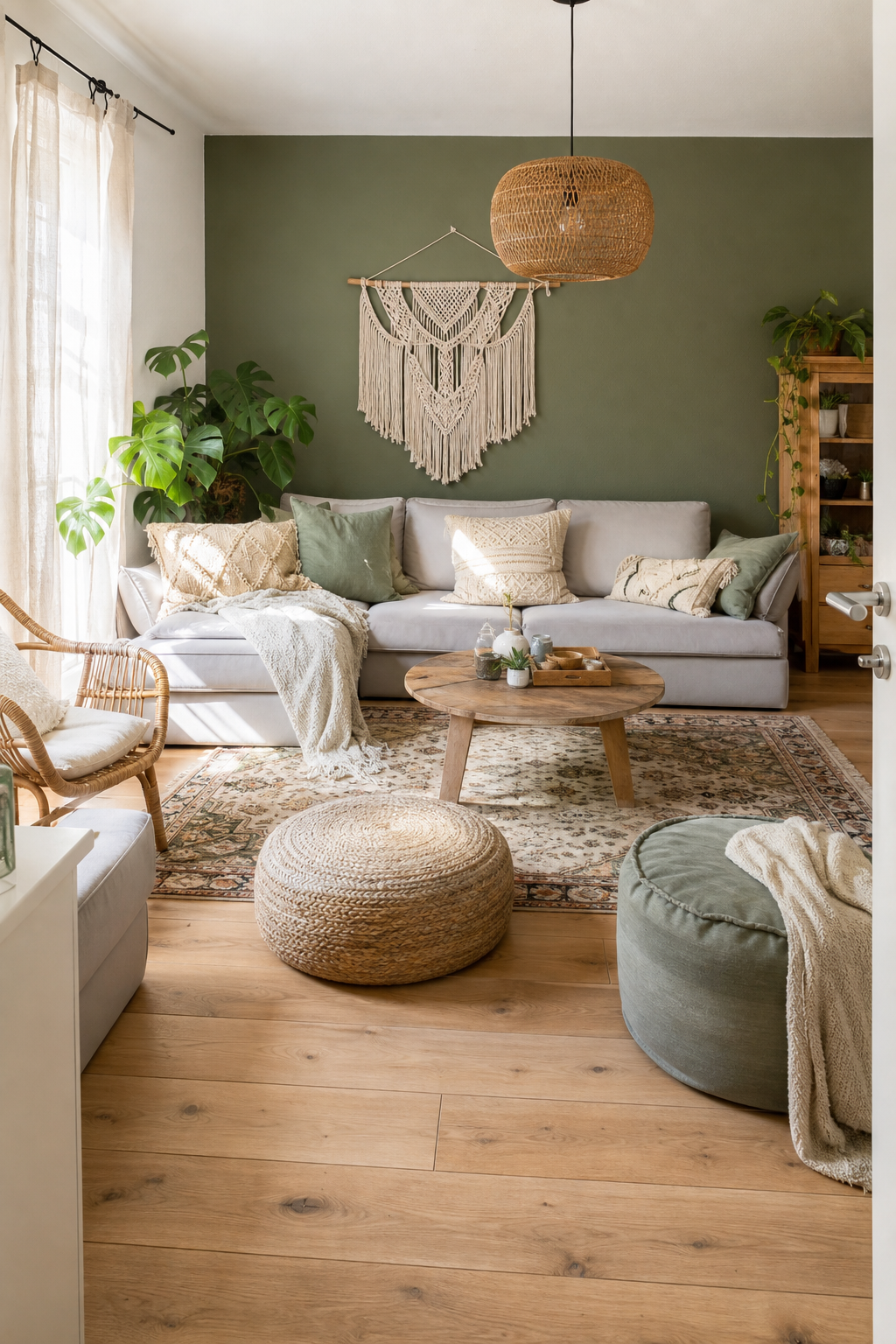 Boho Wohnzimmer mit grüner Wand und Poufs