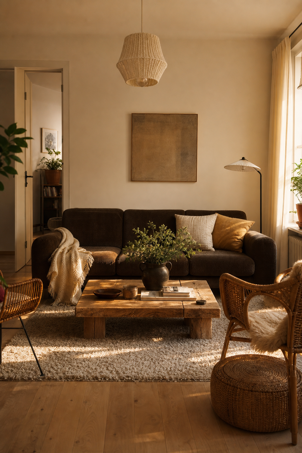 Braunes Wohnzimmer mit dunklem Cord-Sofa und Naturmaterialien
