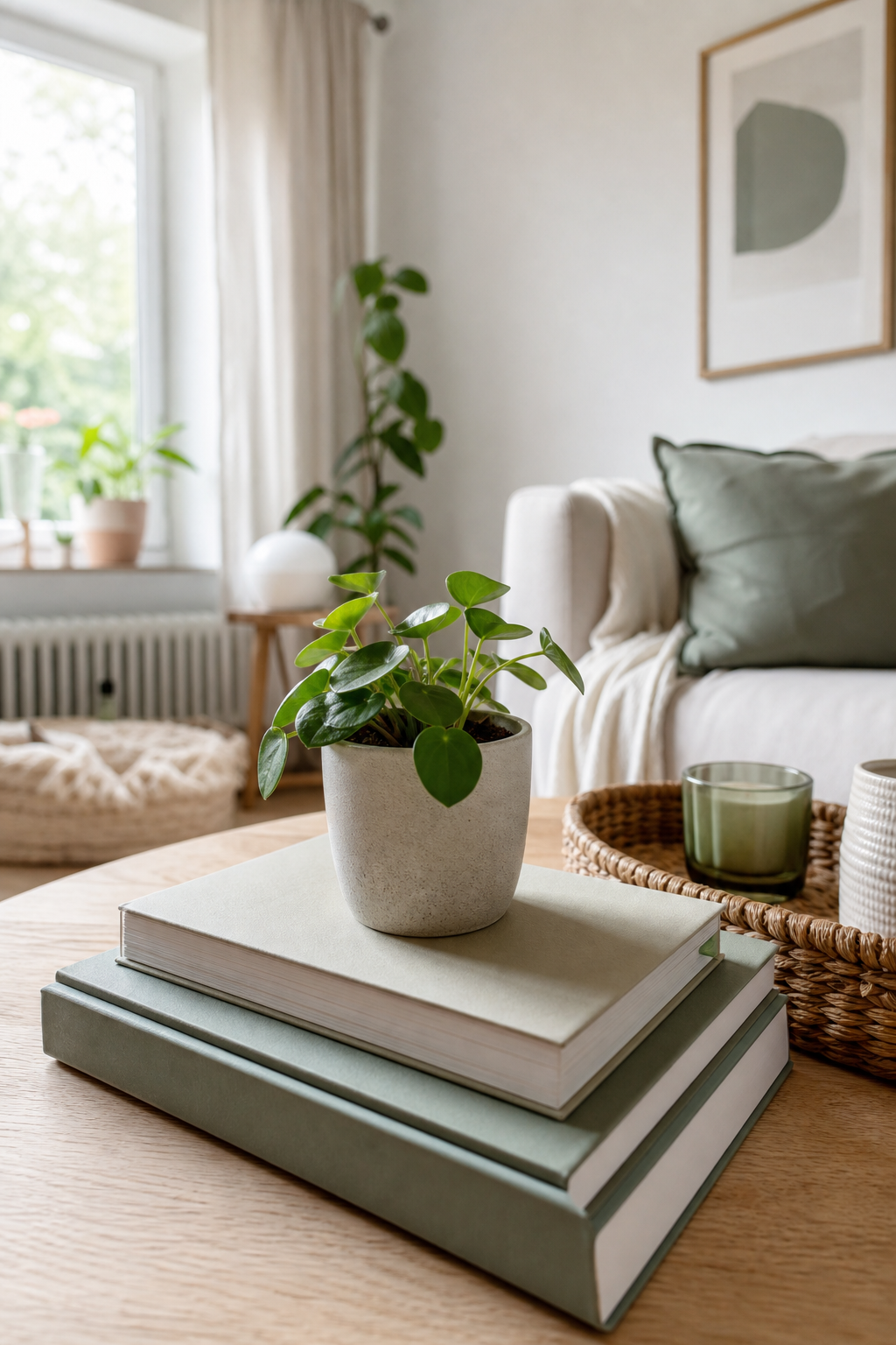 Buchstapel mit Mini-Pflanze auf Couchtisch
