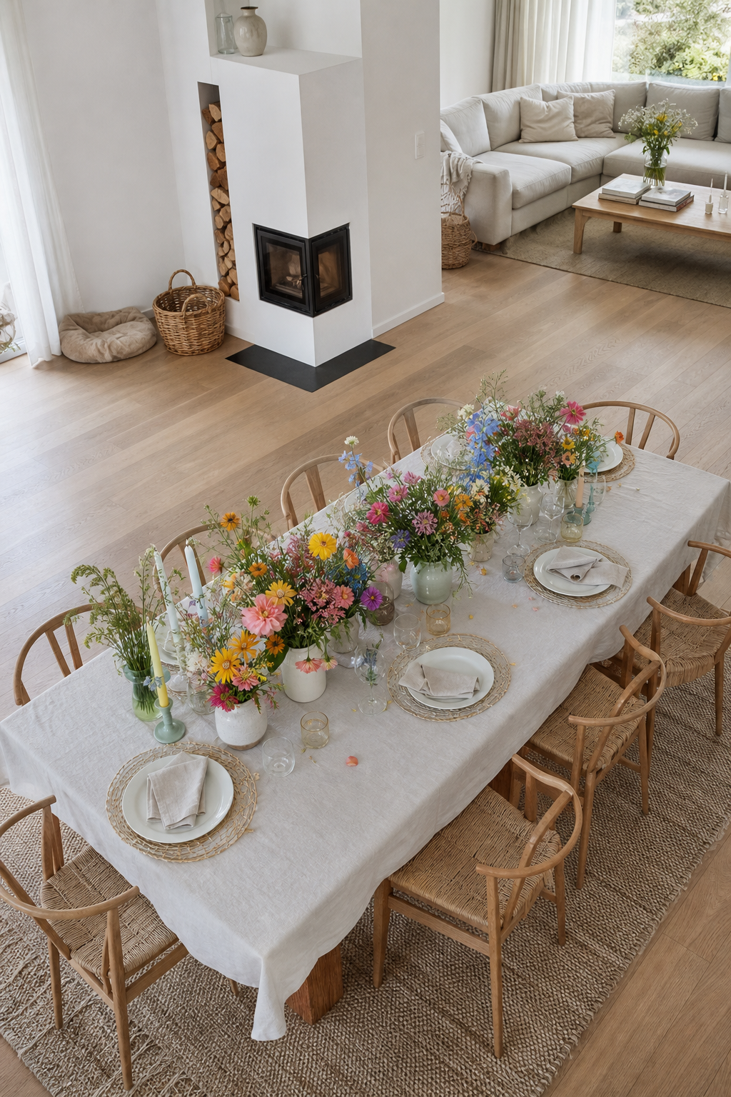 bunte hohe blumen in recyclinggläsern auf holzbrett