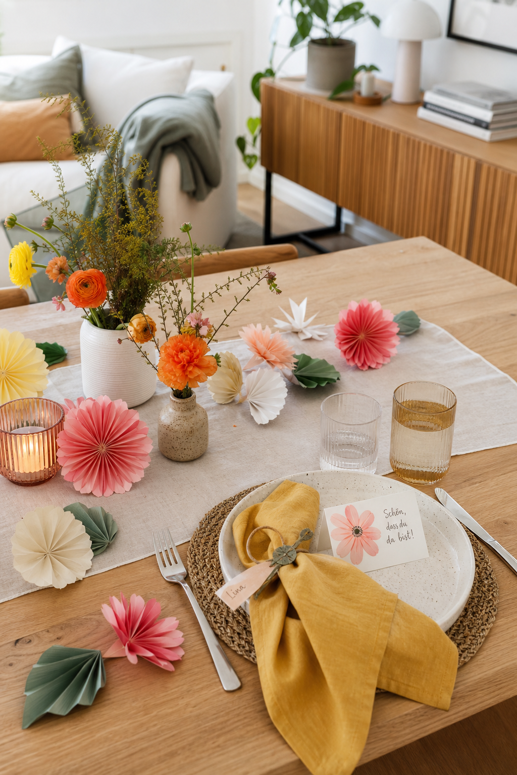 Nahaufnahme bunter Papierblüten auf Tisch