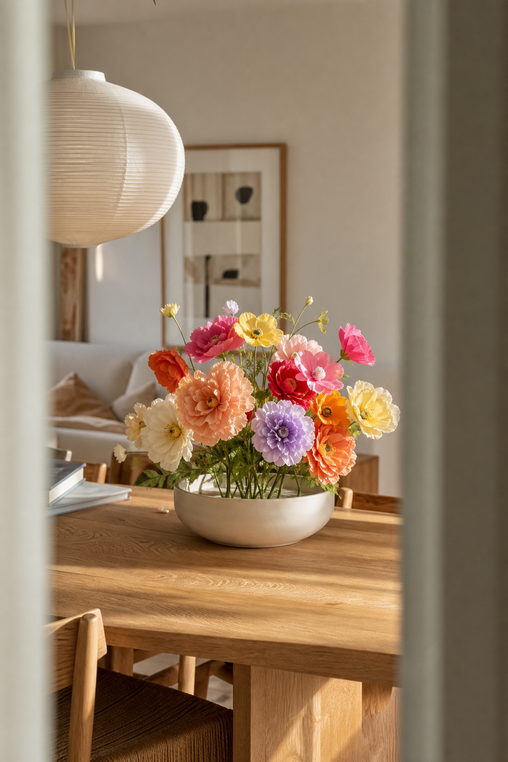 bunter papierblüten strauß in schale