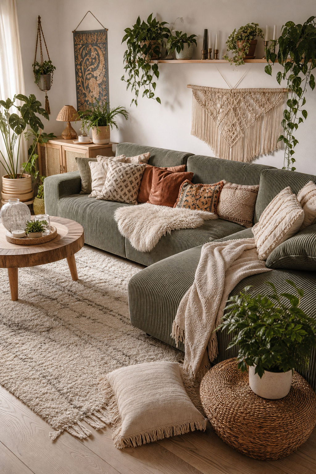 Cozy-Boho Wohnzimmer mit Cord-Sofa und Pflanzen