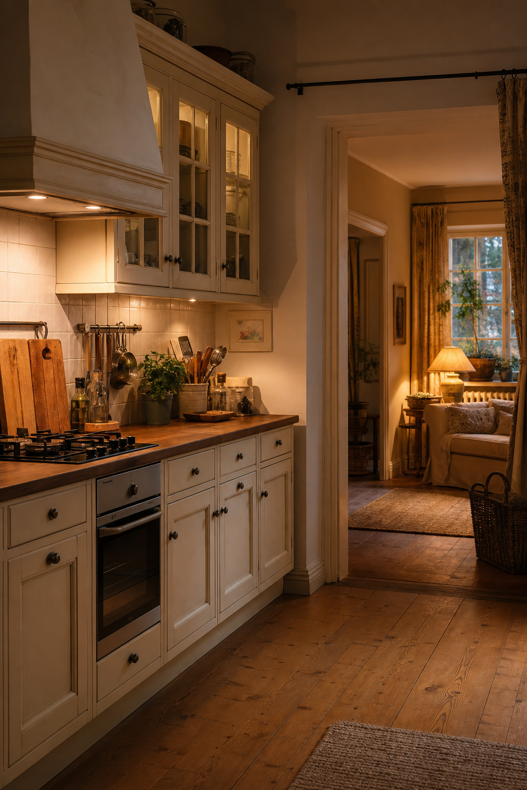 Cremefronten mit Holzdetails und Sitzecke