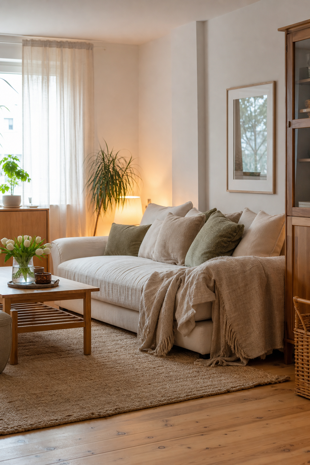 Cremefarbenes Sofa mit Kissen und Decken