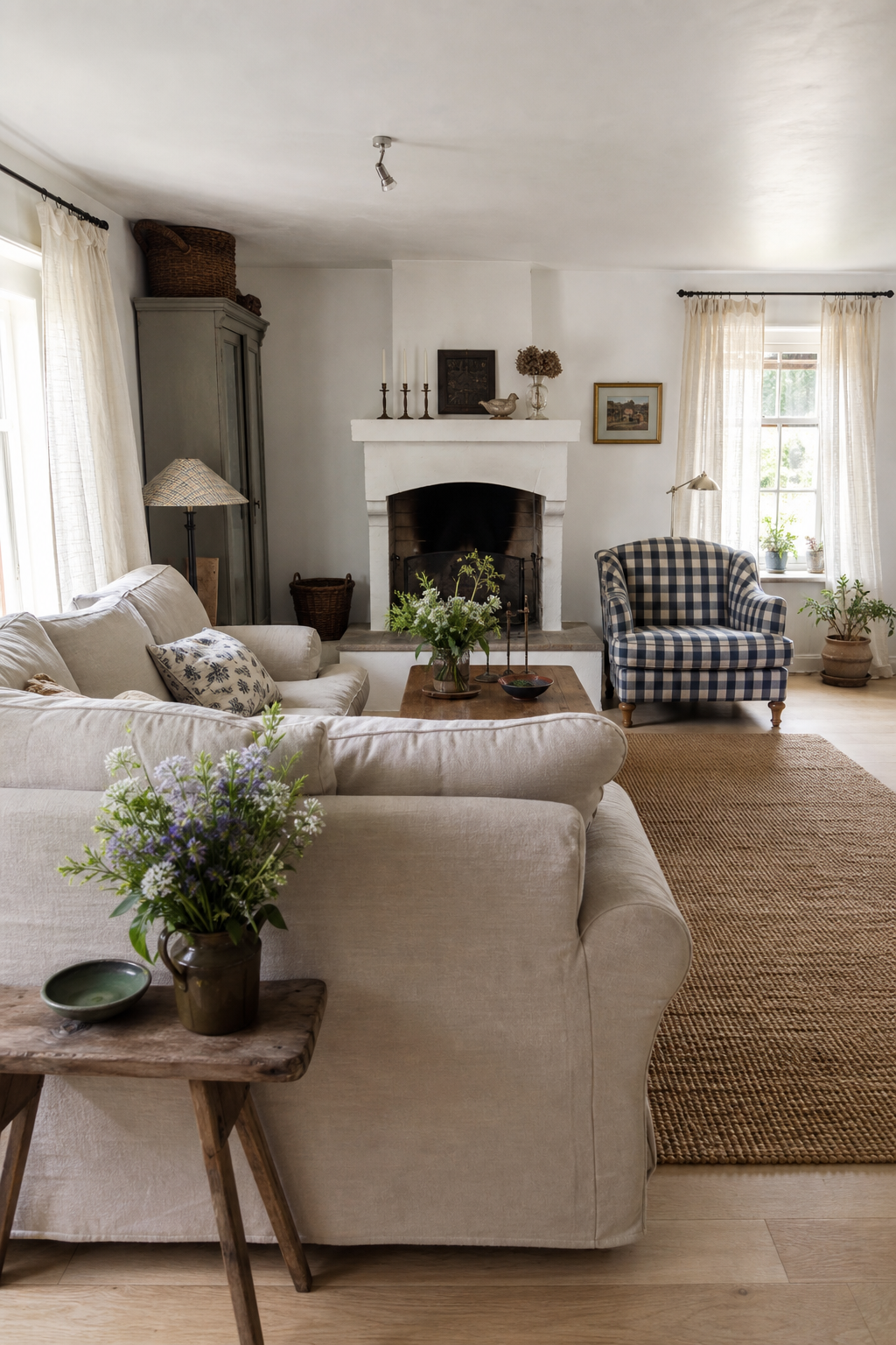 creme sofa vor gemauertem kamin