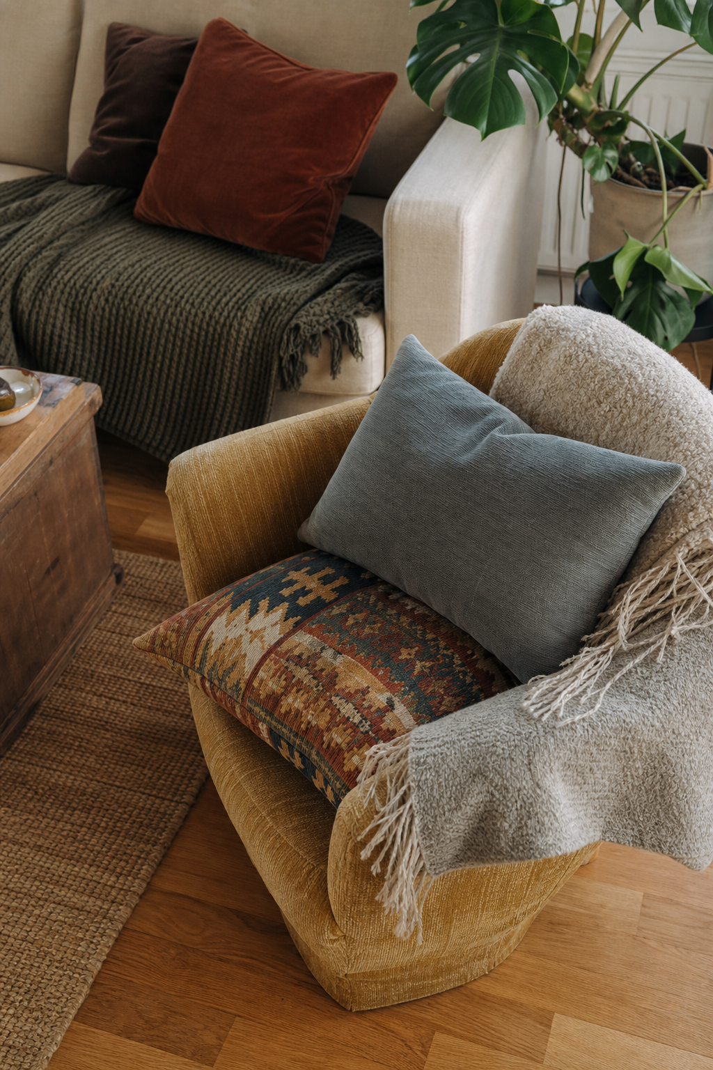 Kissen und Decken auf Sofa und Sessel