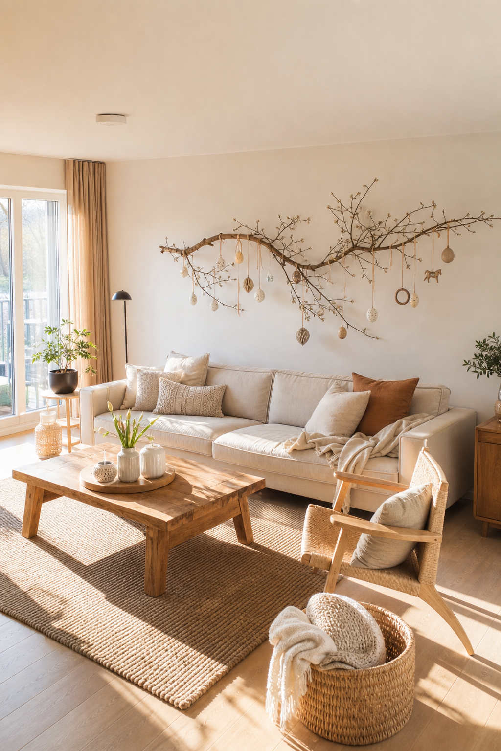 Wohnzimmer mit Ast über Sofa frontal