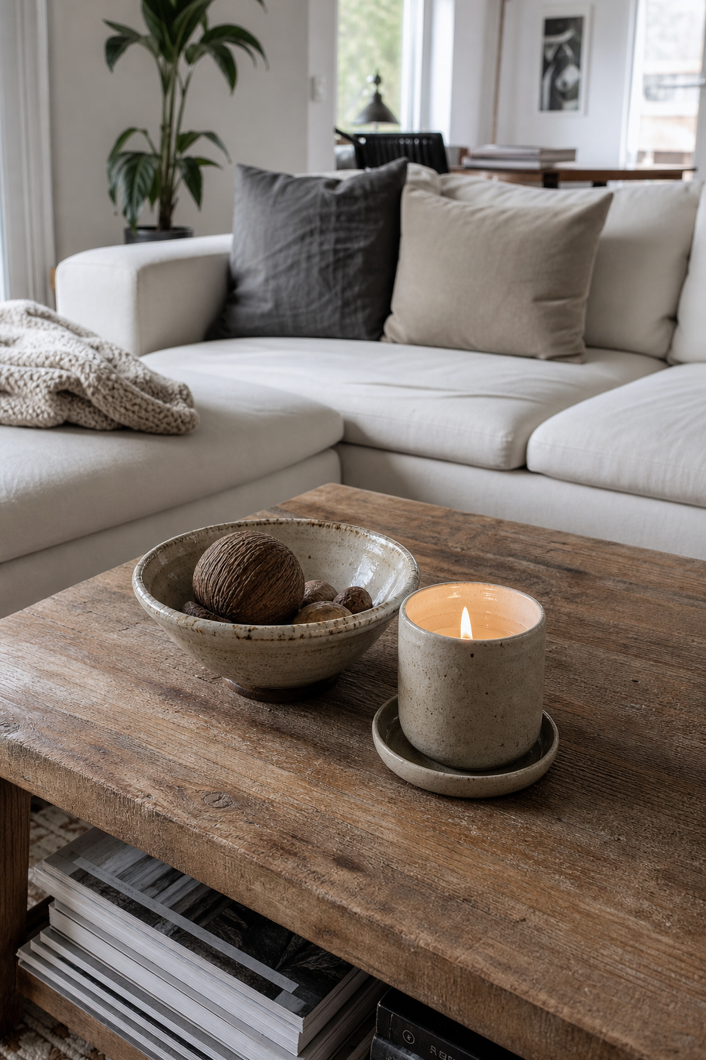 Duftkerze neben Keramikschale auf Couchtisch