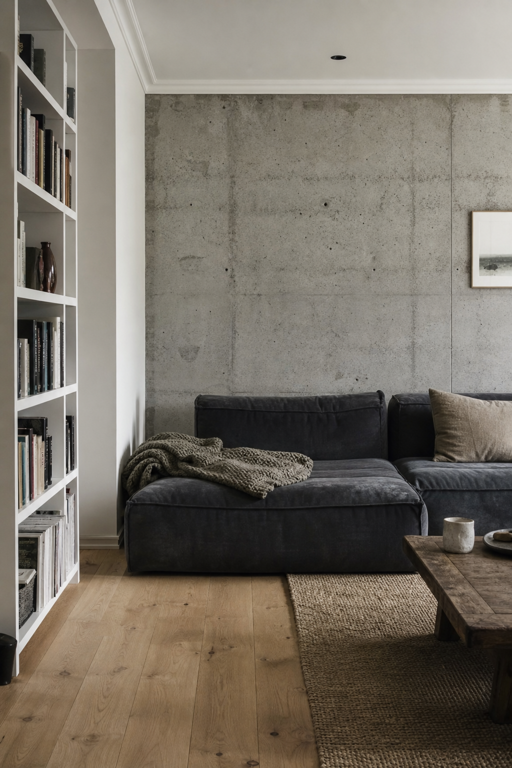 Dunkelgraues skandinavisches Wohnzimmer mit tiefem Sofa