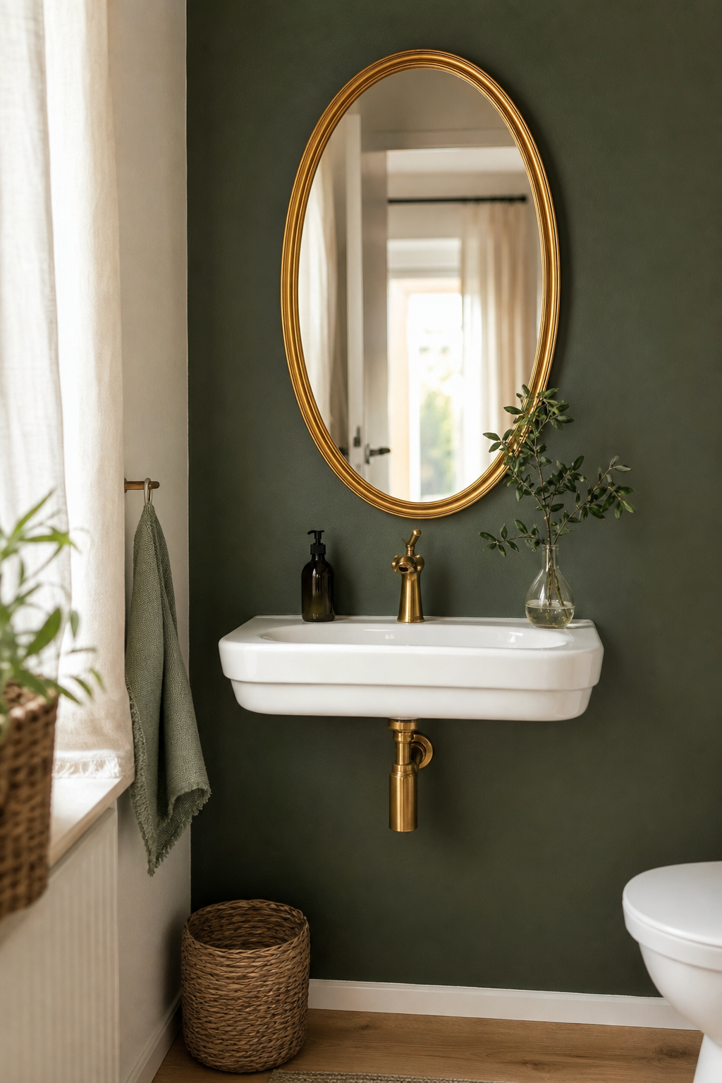 kleines gäste wc dunkelgrün gold spiegel