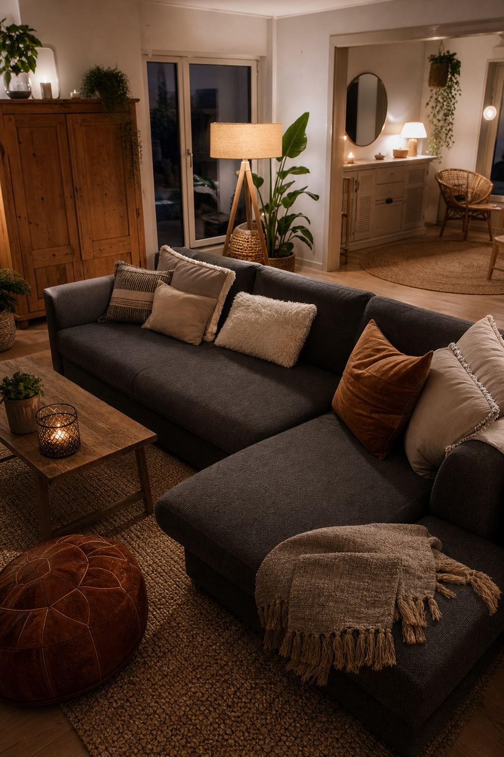 Dunkles Sofa mit grobem Wollteppich