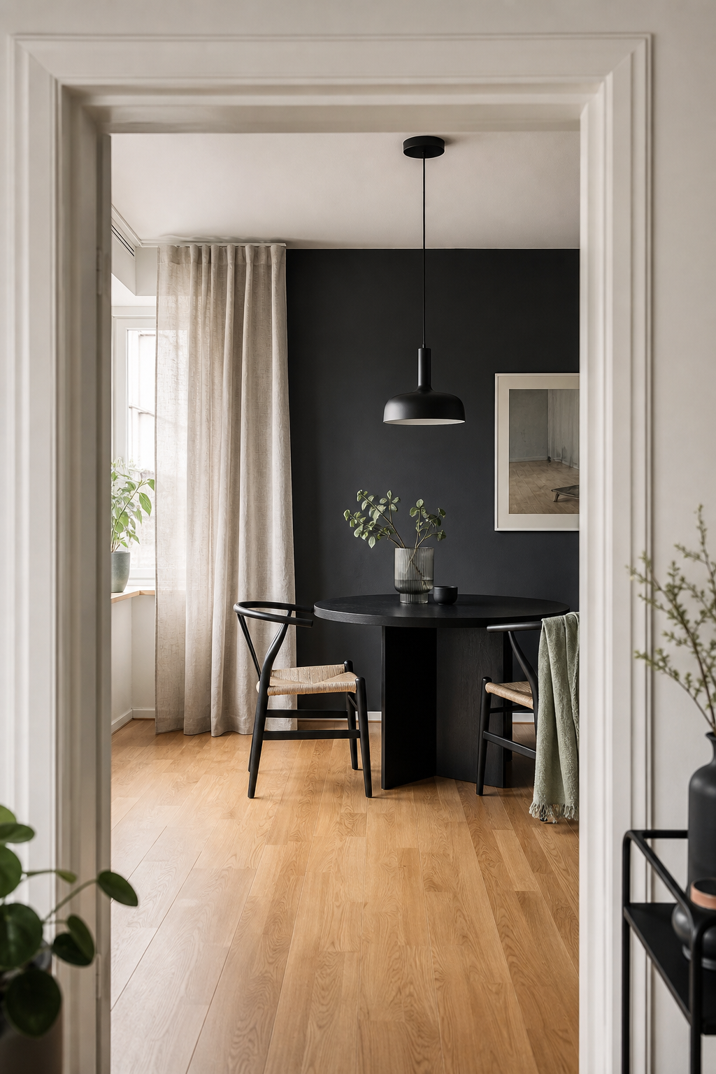 Runder schwarzer Tisch vor dunkler Wand
