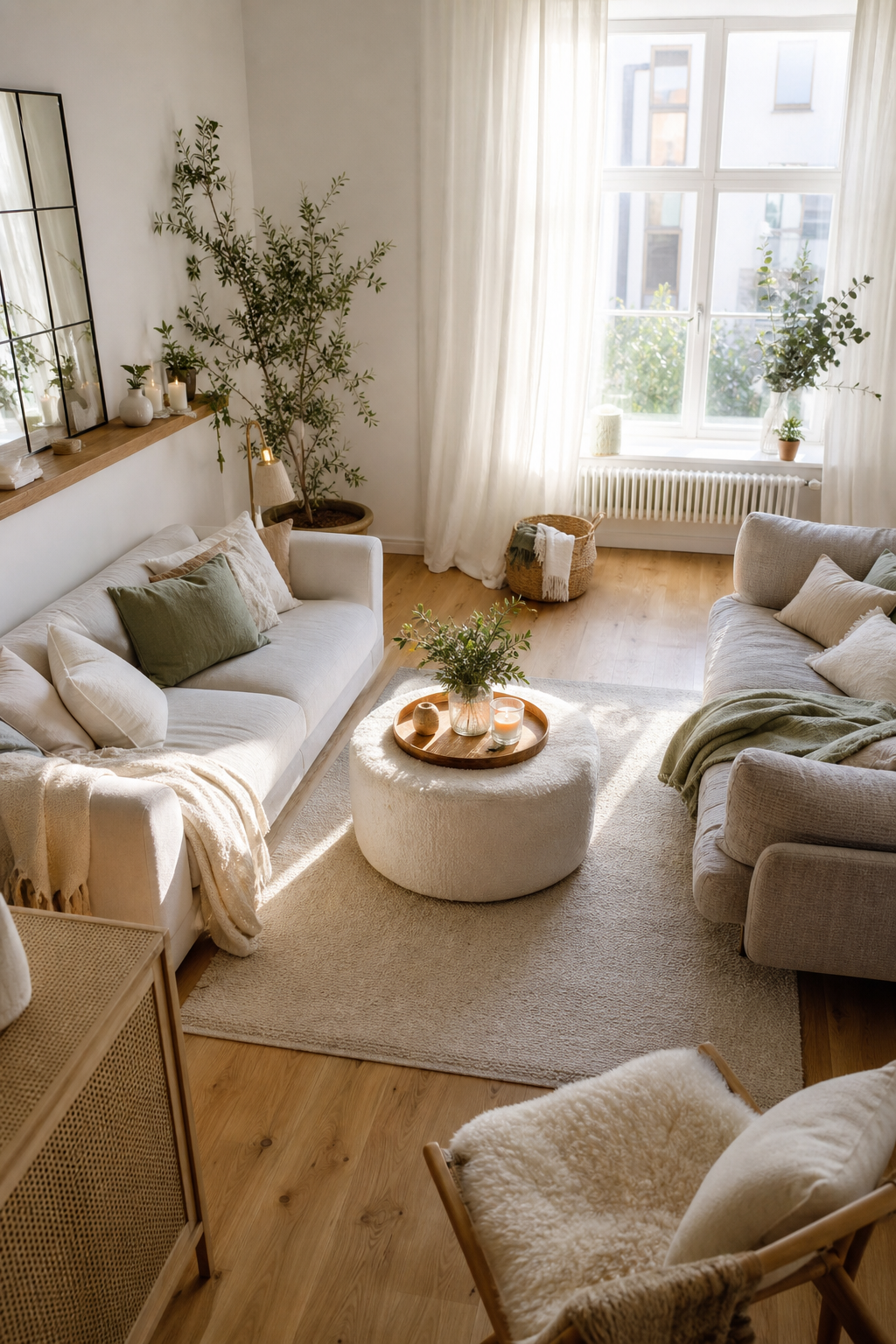 Zwei dunkle Sofas gegenüber im Wohnzimmer