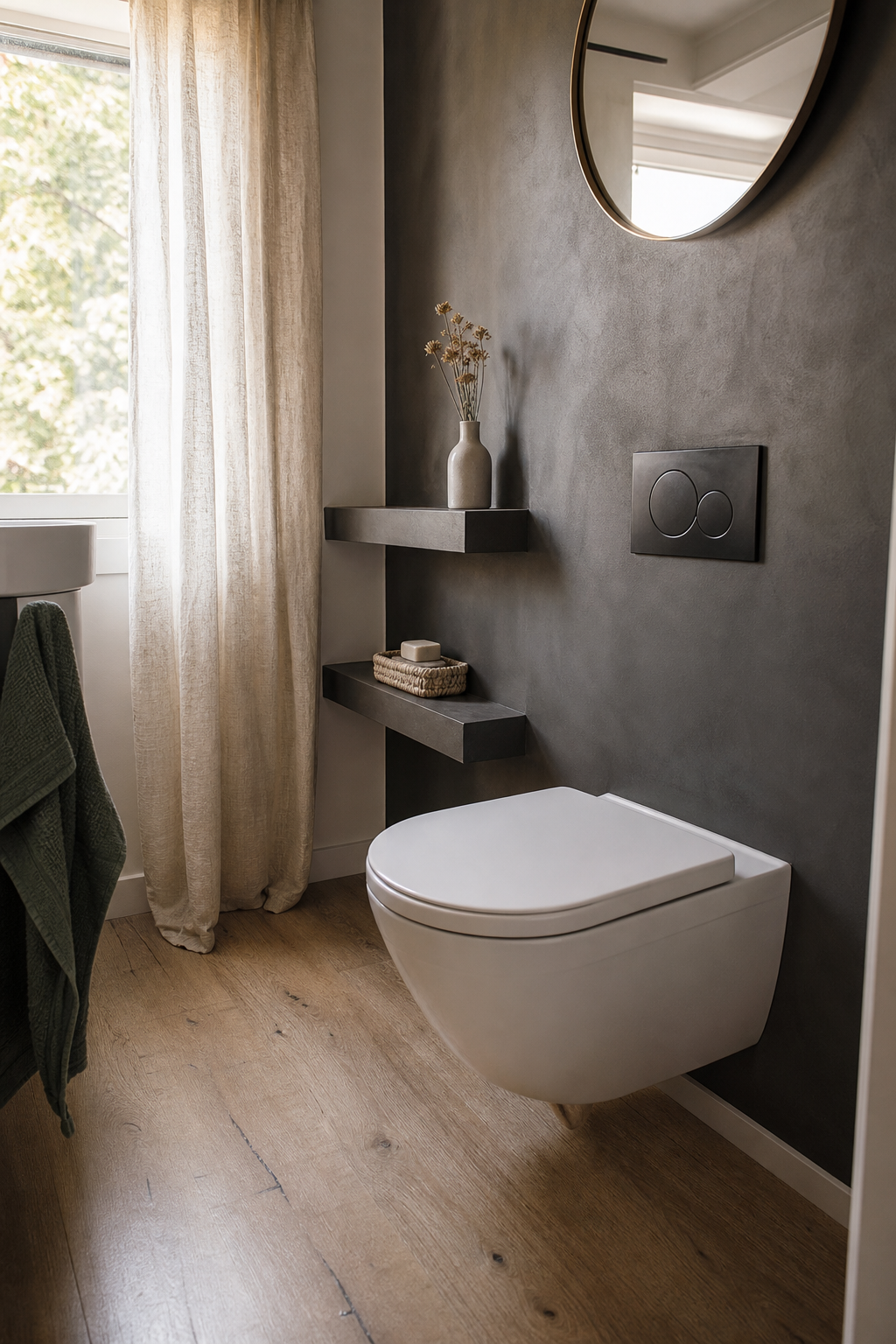 dunkles gaste-wc mit akzentwand