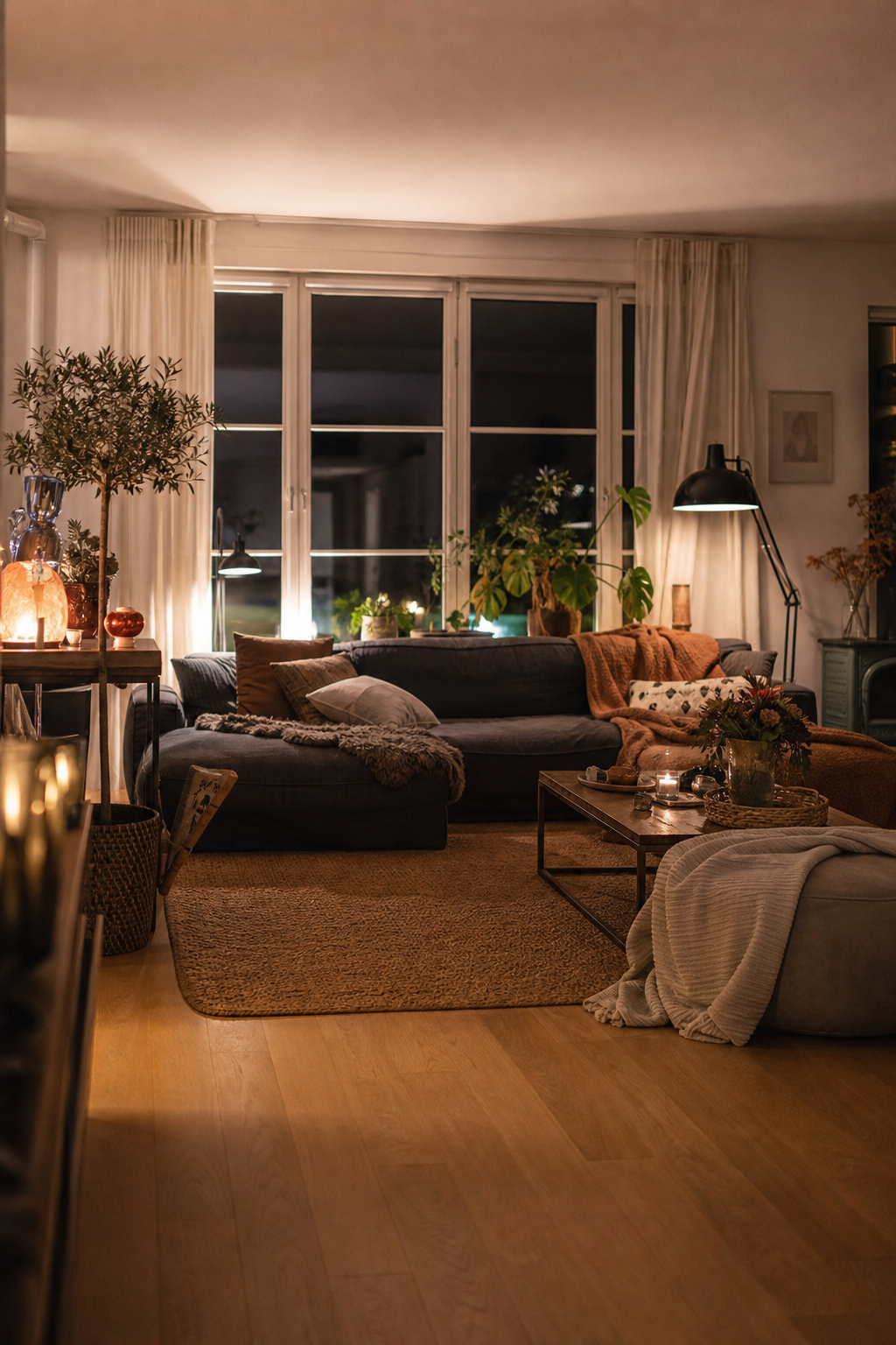 dunkles wohnzimmer abendbeleuchtung holzboden