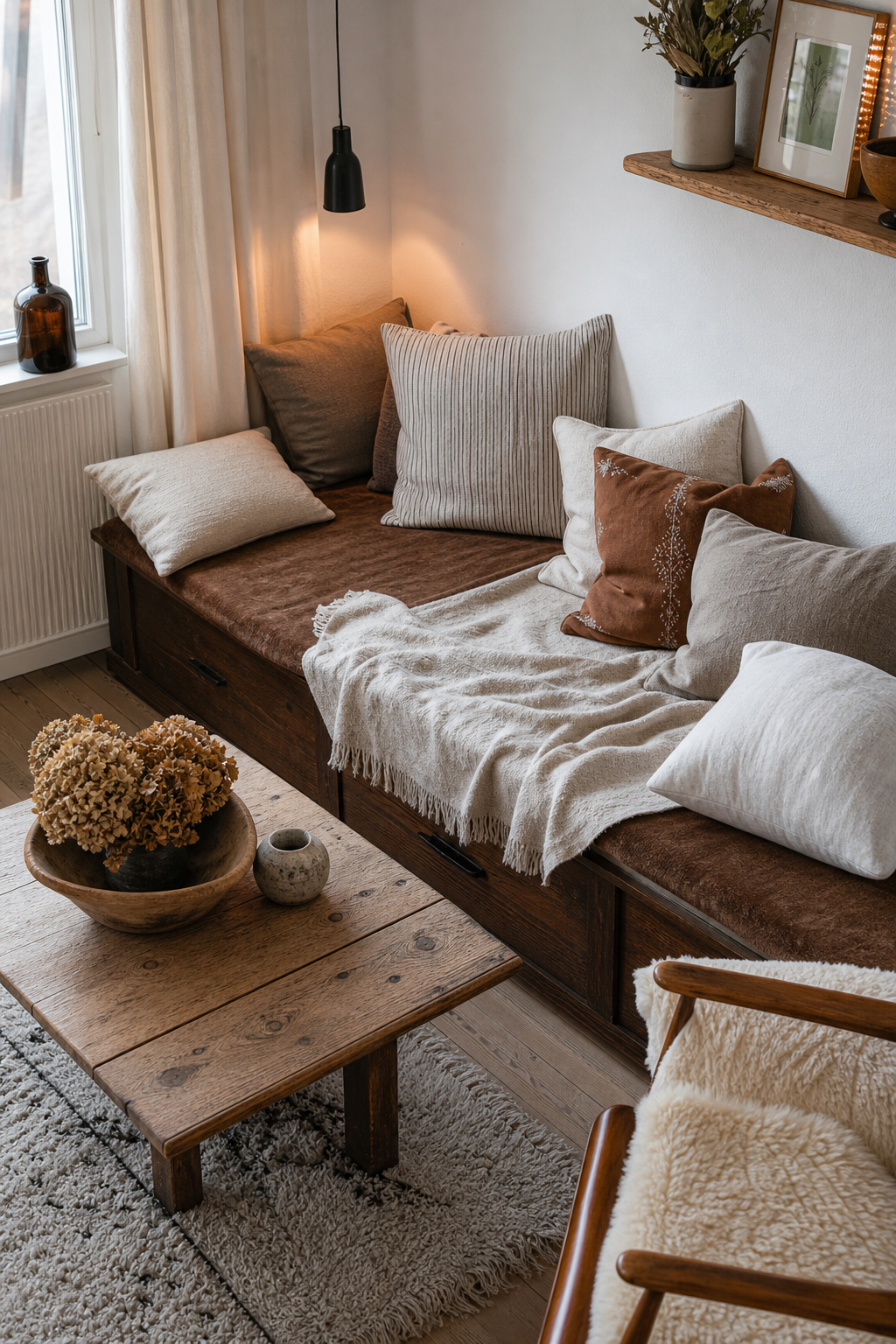 eingebaute dunkle holzbank in ecke