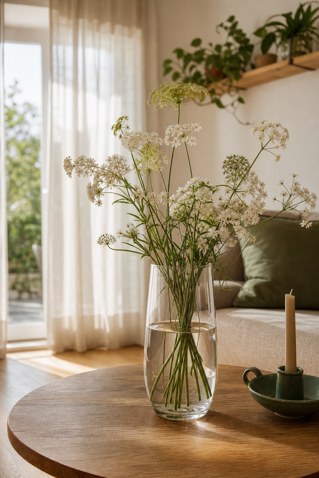 Schlanke Glasvase mit zarten Blumen