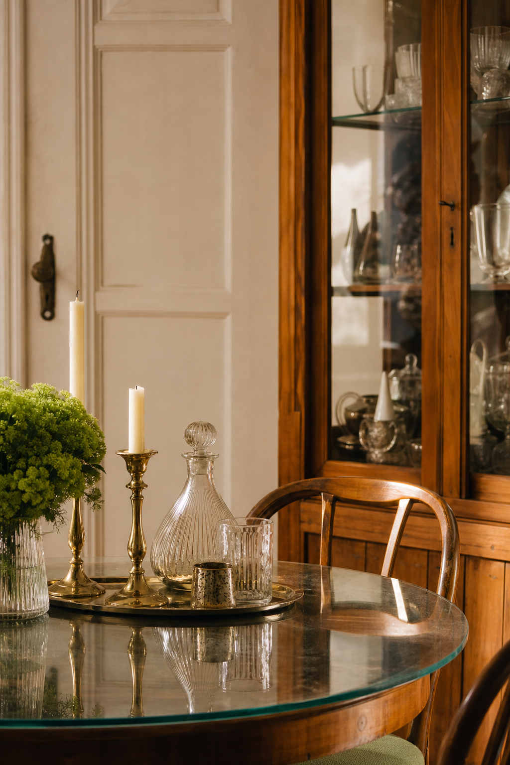 Runder Vintage-Tisch mit Glas und Messing
