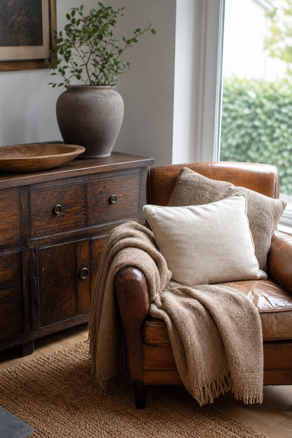 Ledersessel neben dunklem Sideboard, erdige Töne