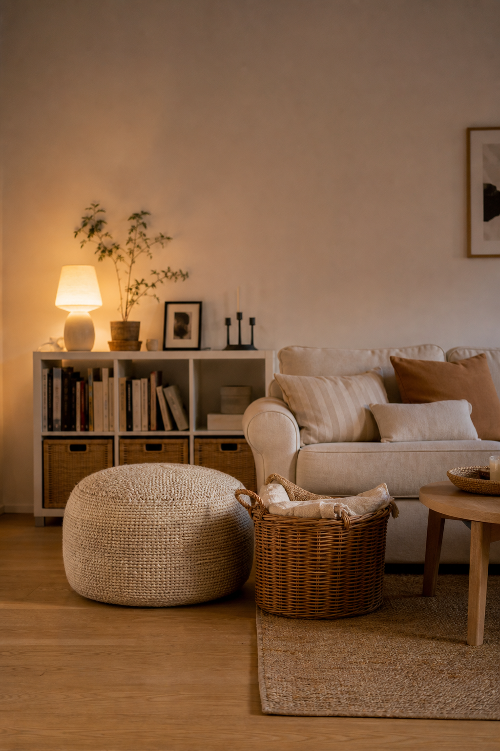 Leinenpouf und Rattankorb neben Sofa