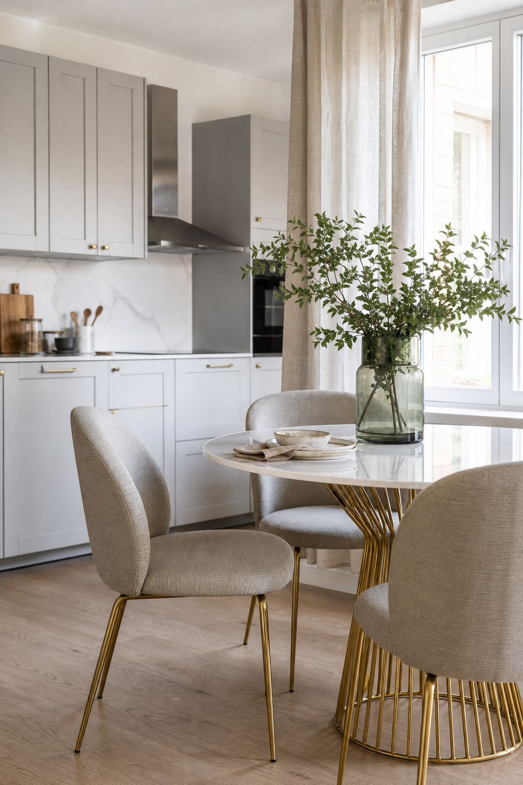 Essplatz mit goldakzenten und designerstühlen
