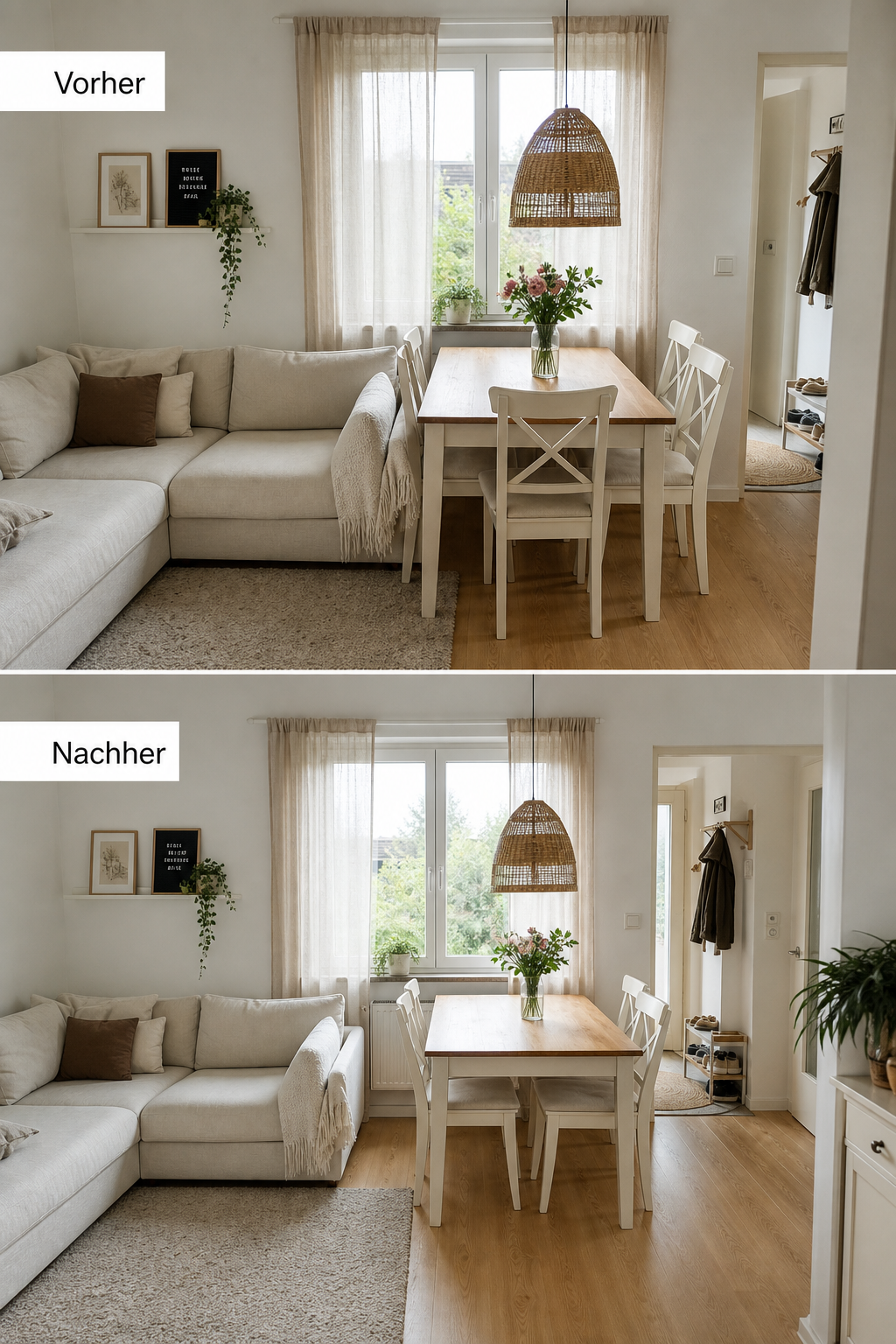 Esstisch zu nah am Sofa Vergleich vorher nachher