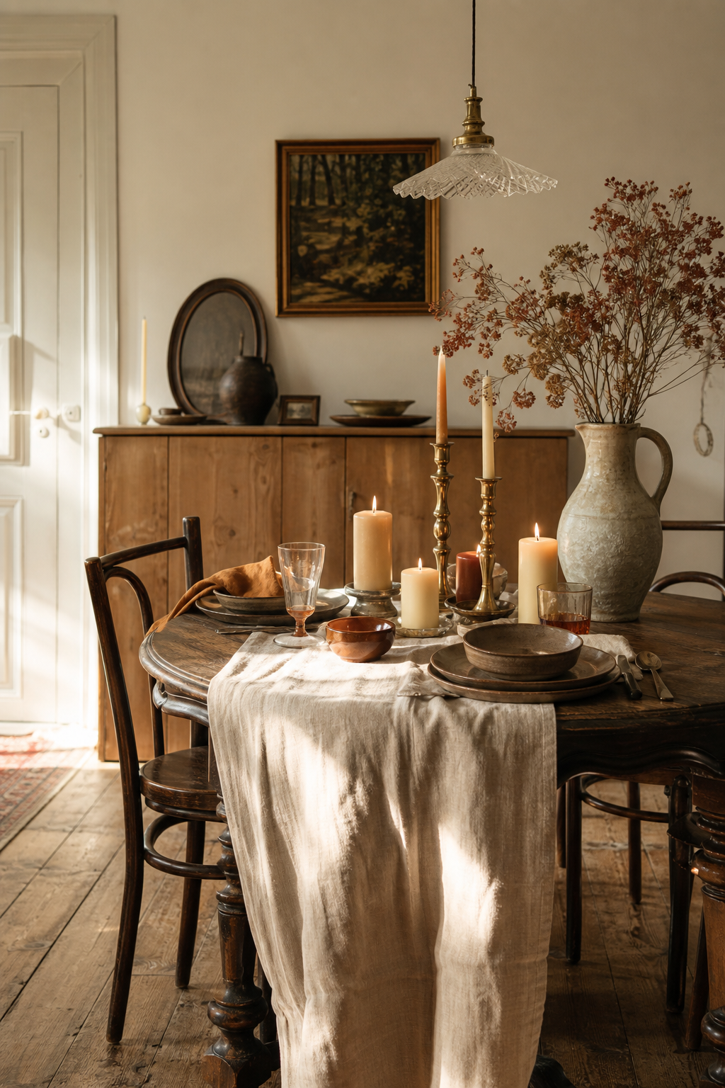 Runder Vintage-Tisch mit Kerzenarrangement