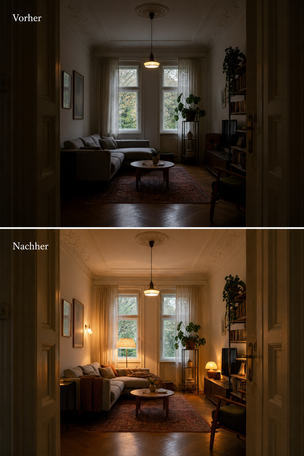 kleines altbau wohnzimmer mit mehrstufiger beleuchtung