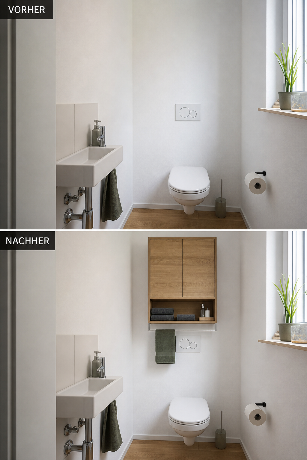 Kleines Gäste WC Wand über Toilette vorher nachher