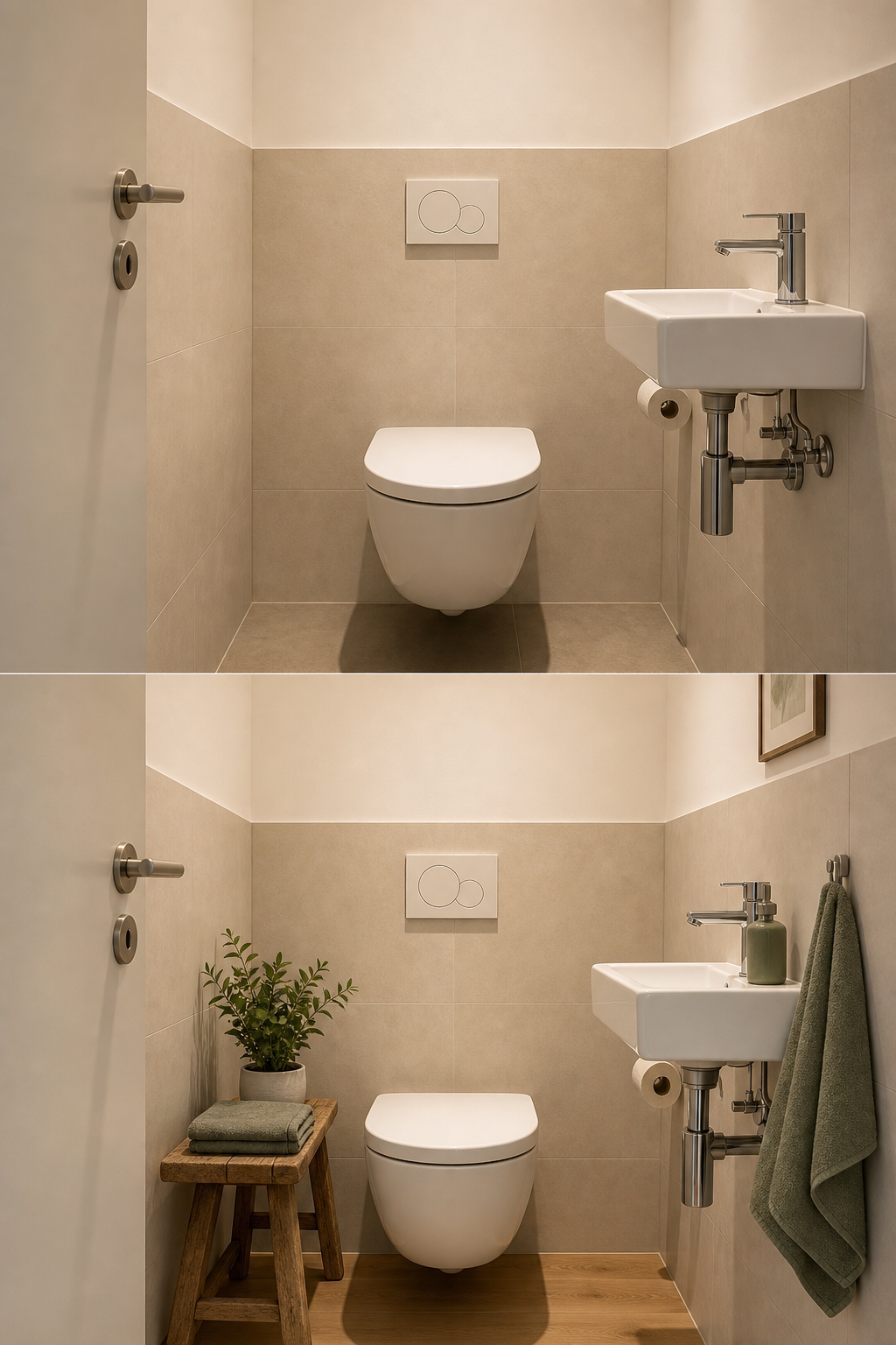 Vorher Nachher kleines wc mit holzhocker und pflanze
