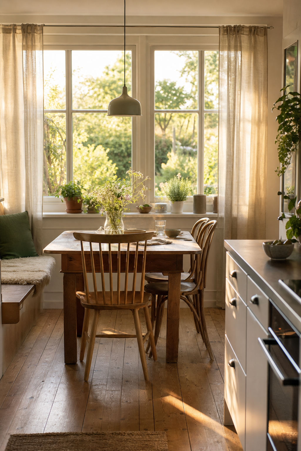 Fensternaher Essbereich mit Gartenausblick