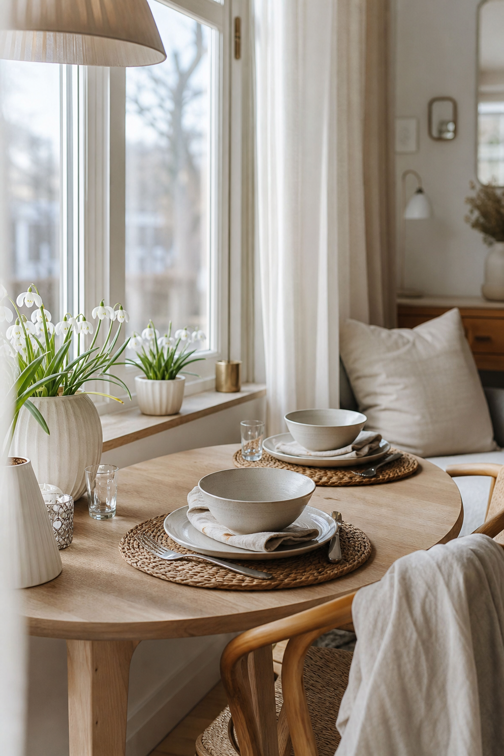 Fensterplatz mit Schneeglöckchen und gedecktem Tisch