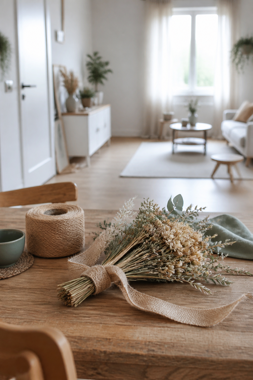 kleine vasen mit trockenblumen auf holztisch
