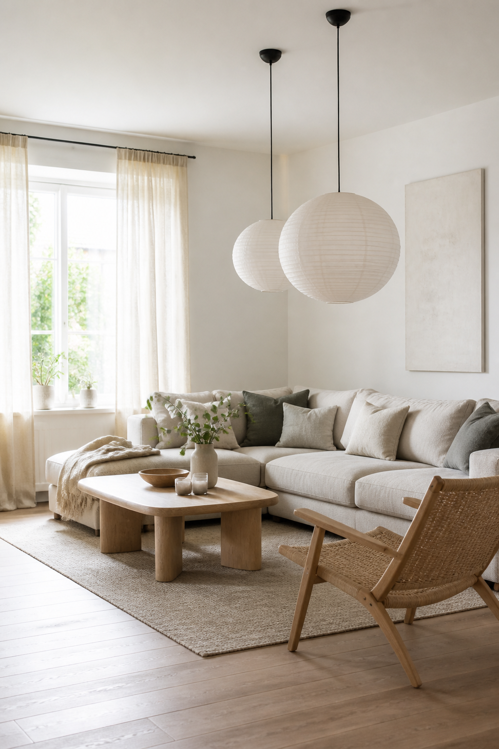 runde papierlampen über sofa skandinavisch