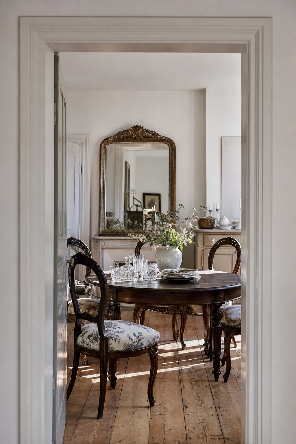 Französisch-vintage Esszimmer mit runden Tisch