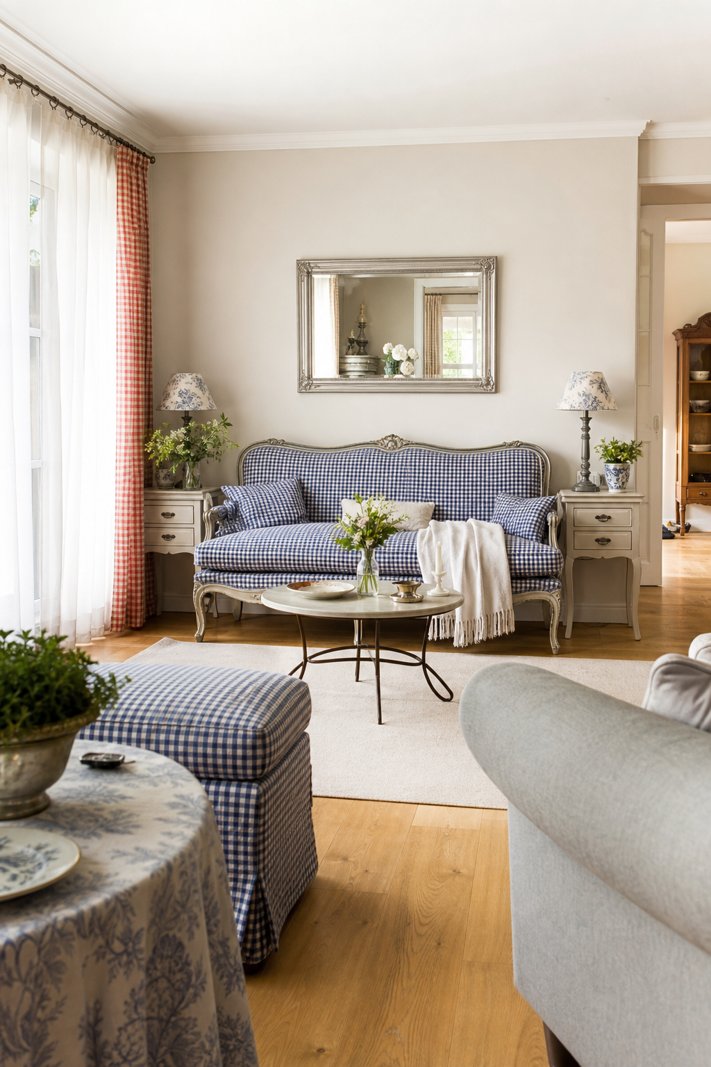 Antikes Sofa vor Wandspiegel im Wohnzimmer
